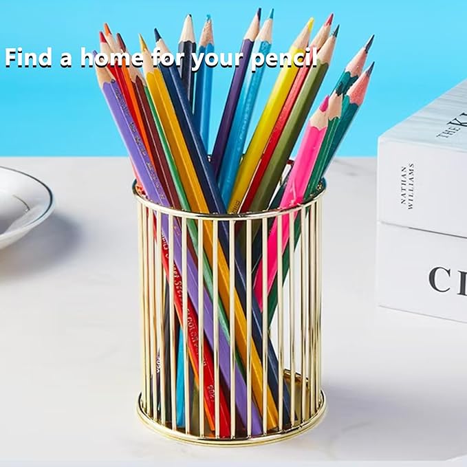 Gold Metal Pen Holder for Desk - Heavy Duty Makeup Brush Organizer Cup with, Pencil Holder for Office & Home, Storage for Stationery/Cosmetics/Art Supplies, Matte Finish, 4.8 Inch (Round)