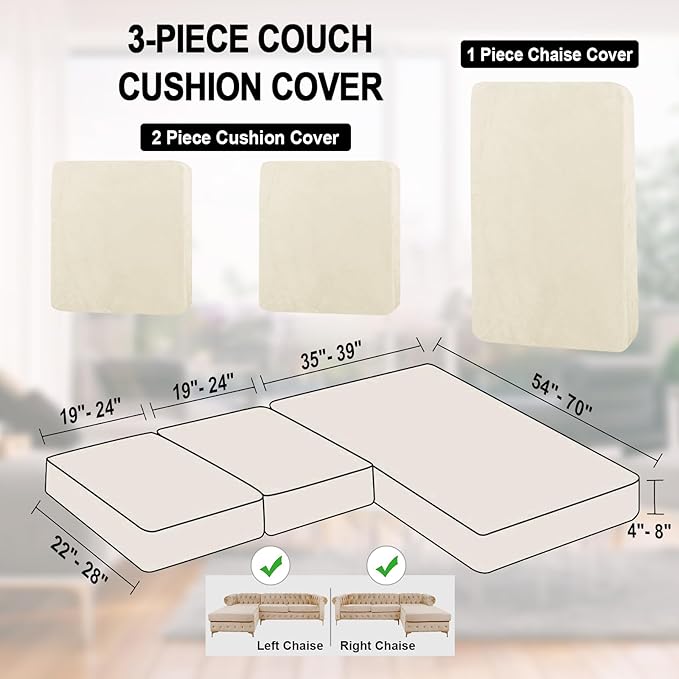 NAISI Sectional Couch Cover 3 Pieces Velvet Separate Couch Cushion Covers L Shape Soft Stretch Sofa Slipcovers with 2pcs Pillowcases for Left/Right Chaise Sectional Couch(2 Seater+1 Chaise,Cream)