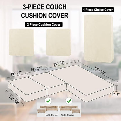 NAISI Sectional Couch Cover 3 Pieces Velvet Separate Couch Cushion Covers L Shape Soft Stretch Sofa Slipcovers with 2pcs Pillowcases for Left/Right Chaise Sectional Couch(2 Seater+1 Chaise,Cream)