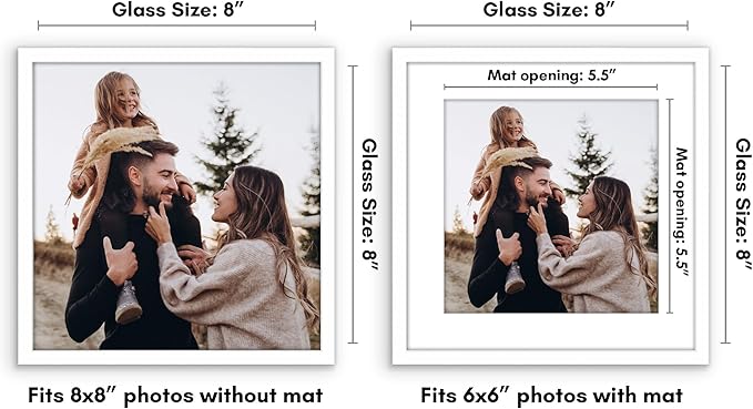 Americanflat 8x8 Picture Frame with Shatter-Resistant Glass - Use as 6x6 Frame with Mat or Display 8x8 Photo Without Mat - Streamline Collection - Square Frames for Tabletop or Wall - White