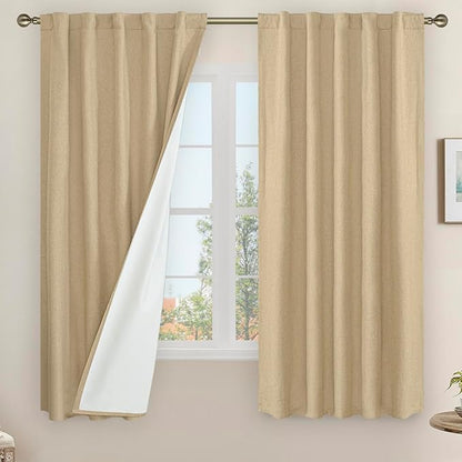 LAMIT 100% Blackout Linen Curtains, 63 Inches Linen Textured Thermal Bedroom Curtains Back Tab and Rod Pocket Neutral Panels with White Liner for Short Windows, 2 Panels, Buralp, 42 x 63 Inch
