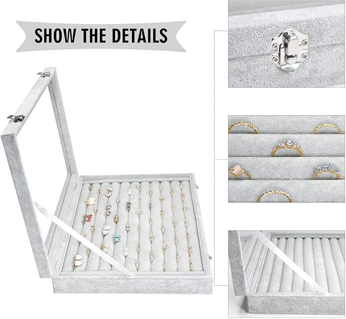 Rings Organizer Tray 10 Slots Velvet Ring Display Tray Insert Jewelry Earring Storage Box with Transparent Glass lid Can Hold 100 Rings Earrings Suitable for Girls and Women (Grey)