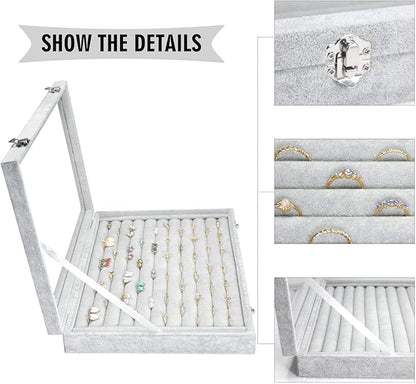 Rings Organizer Tray 10 Slots Velvet Ring Display Tray Insert Jewelry Earring Storage Box with Transparent Glass lid Can Hold 100 Rings Earrings Suitable for Girls and Women (Grey)