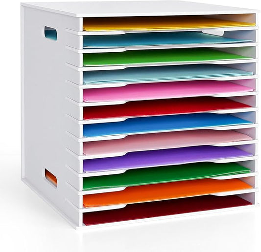 SANFURNEY Scrapbook Paper Organizer for Sizes 12" x 12", 12 Slots File Sorter Storage, Document Holder, Desktop Scrapbook Paper Organizer Rack for Home Office School (White, 12 Slots - Standard Size)