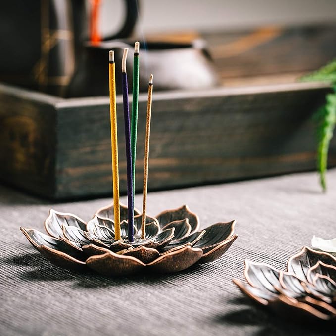 Incense Burner, Incense Holder for Sticks, Brass Lotus Incense Stick Holder and Detachable Ash Catcher