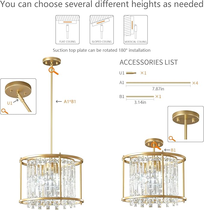 LMQNINE Modern Foyer Chandelier, Gold Crystal Chandelier Entryway Pendant Light Fixture, Round Adjustable Height Chandeliers for Kitchen Island, L15.74'' x H10.43''