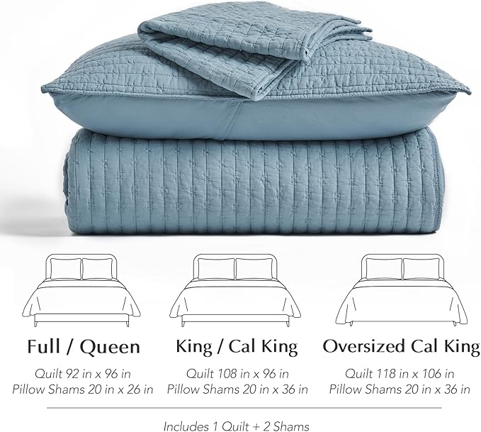 EVERGRACE x Kinsey Walsh Cross Stitch Pre-Washed Cotton Quilt Bedding Set King Size, Oversized 3 Pieces Lightweight Bedspread Coverlet for All Season, with 2 Matching Shams, Dusty Blue, 118"x106"
