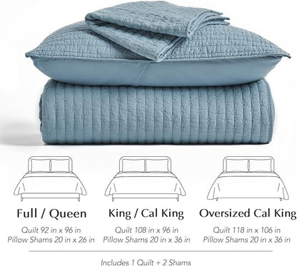 EVERGRACE x Kinsey Walsh Cross Stitch Pre-Washed Cotton Quilt Bedding Set King Size, Oversized 3 Pieces Lightweight Bedspread Coverlet for All Season, with 2 Matching Shams, Dusty Blue, 118"x106"