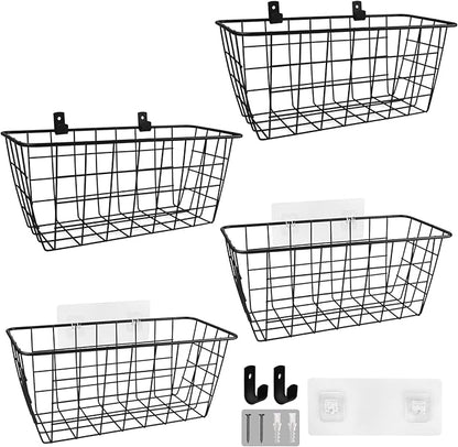Wire Hanging Wall Basket, 4 Black Baskets Set Adhesive Wall Mount Organizer for Pantry Kitchen RV Bathroom Cabinet Storage Organization