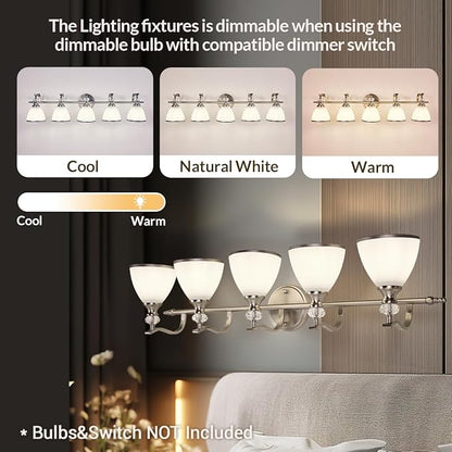 ANDY STAR Bathroom Lighting Fixtures, 5-Light Brushed Nickel Vanity Light with Milky Glass Shade, 35" Large Vanity Lights for Bathroom, E26 Socket, for Mirror, Living Room, Bedroom, Hallway