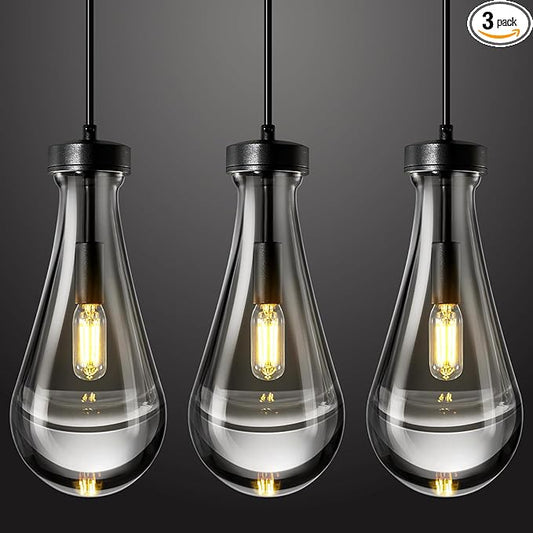 Raindrop Pendant Lights Kitchen Island Set of 3 Teardrop Black Hanging Light Fixtures Clear Solid Glass Pendant Light Modern Chandeliers for Dining Room Porch Corridor Living Room