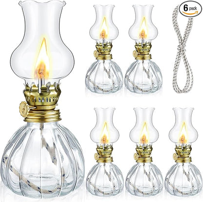 Yexiya 6 Set Vintage Glass Kerosene Lamp Rustic Oil Lamp Lantern Chamber Oil Clear Kerosene Hurricane with 6.6 ft Extra Wick for Indoor Use Lighting Decor Emergency (Pumpkin Style)