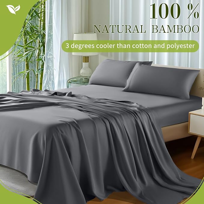 Shilucheng 100% Viscose Derived from Bamboo_ Sheets Queen Size 4pcs - Ultra Cooling & Silky Soft Bed Sheets, 16" Deep Pocket, Perfect for Hot Sleepers, Hotel Bedding Sheets (Dark Grey)