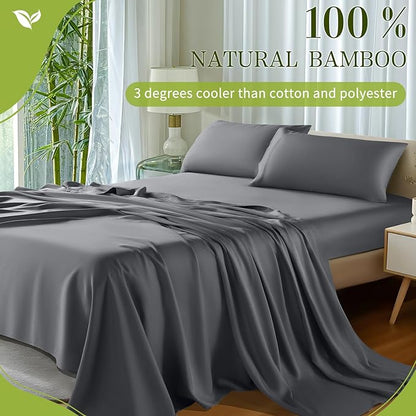 Shilucheng 100% Viscose Derived from Bamboo_ Sheets Queen Size 4pcs - Ultra Cooling & Silky Soft Bed Sheets, 16" Deep Pocket, Perfect for Hot Sleepers, Hotel Bedding Sheets (Dark Grey)
