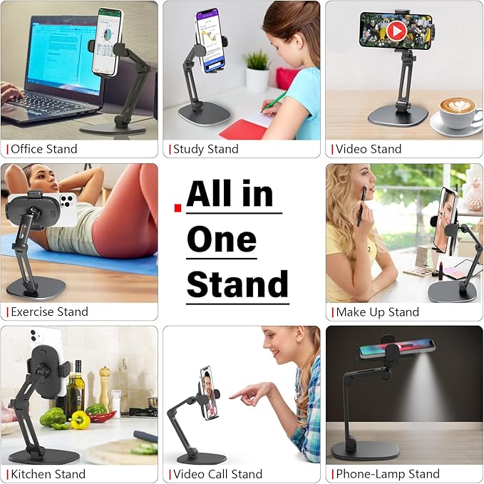 APPS2Car Phone Stand for Desk [No Dropping Stable Triple-Clamp Holder] Adjustable Height 360 Degree Rotation Heavy Base Thick Case Friendly, Multifunctional Cell Phones Stand for iPhone Android Phones