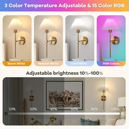 Wireless Wall Sconce Sets of 2, Pleated Shades Rechargeable Battery Operated Wall Sconce, Retro Industrial Gold Wall Lights Bathroom Vanity Sconces, Wall Mounted Lamps for Bedroom Living Room Kitchen