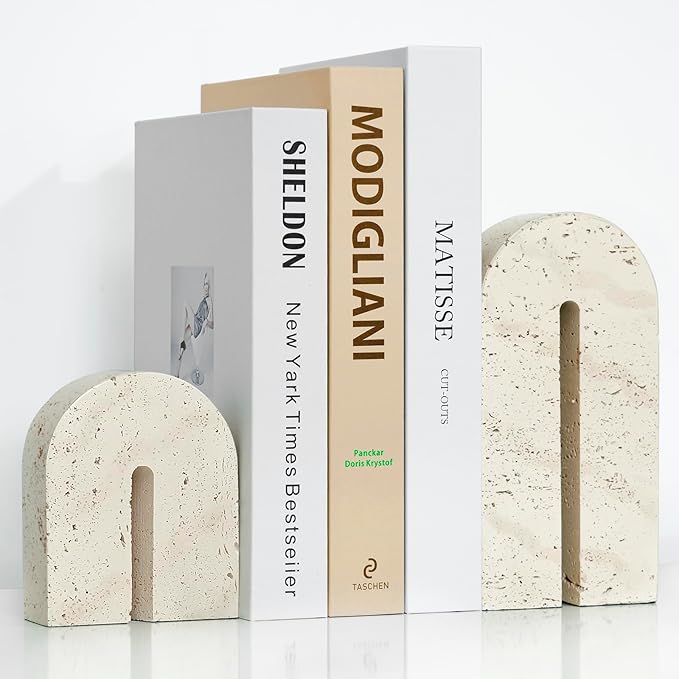 Book Ends for Shelves, Resin Heavy Duty Decorative Bookends, Retro Arch Book Holder for Heavy Books, Imitation Travertine Book Stopper for Home Decor, Study, Bookshelf, Desktop, Set of Two