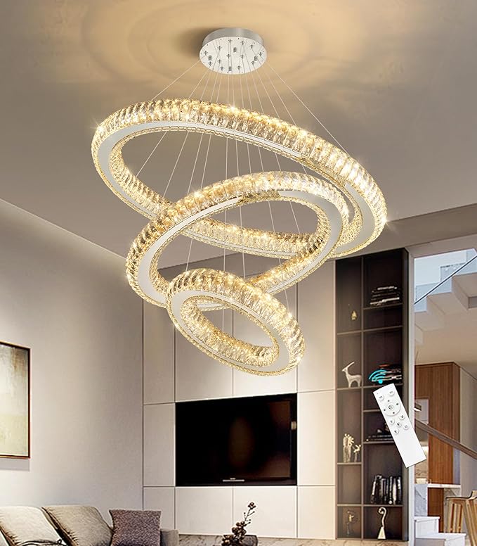 3 Rings Chandelier Modern Dimmable High Ceiling Large Ring Chanderliers Entryway Crystal Pendant Lights for Entryway Foyer Living Room Silver Light