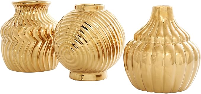 Deco 79 Ceramic Abstract Decorative Vase Small Textured Centerpiece Vases with Varying Shapes and Patterns, Set of 3 Flower Vases for Home Decoration 5" W, 6" H, Gold