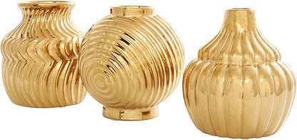 Deco 79 Ceramic Abstract Decorative Vase Small Textured Centerpiece Vases with Varying Shapes and Patterns, Set of 3 Flower Vases for Home Decoration 5" W, 6" H, Gold