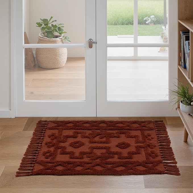 Uphome Boho Bathroom Rug 2' x 3', Washable Small Farmhouse Bedroom Rugs, Terracotta Geometric Bath Mats for Home Decor, Cotton Woven Moroccan Tufted Throw Rug for Entryway Front Door Kitchen