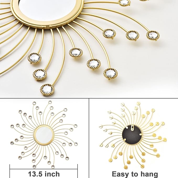 Uaussi 3 Pack Crystal Sunburst Wall Mirror Décor Rhinestone Mirrors Decorative Home Wall Art for Living Room Bedroom Entryway(Curle Burst Gold)
