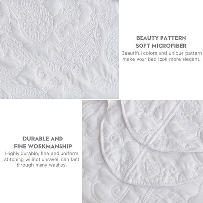 HZ & HY Queen Size Bedspread, Quilted Coverlet Bedding Set, Lightweight Thin Comforter, Reversible, Luxurious, 5 Piece, 100% Microfiber, Queen, White