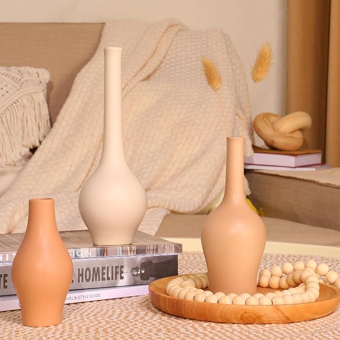ZENS Ceramic Bud Vase Set of 3, Small Matte Grainy Bud Flower Vases for Bohoshelf Decor, Mini Rustic Boho Vase for Dried Flowers, Room Décor Centerpiece