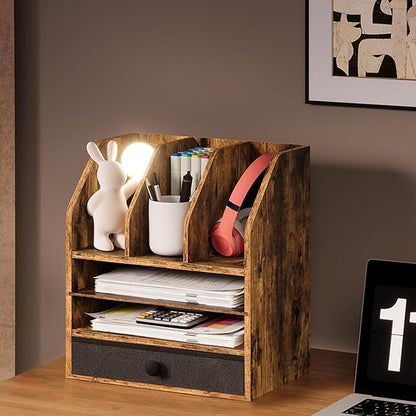 Wooden Desk Organizer with Removable Shelf and Fabric Drawer, Multi-Compartment Desktop File Holder for Home Office Storage, Desktop Mail Organizer, Rustic Brown MWJ05FG