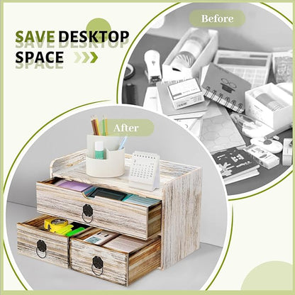 Wood Desk Organizer with Drawer, Vintage Brown Wooden Desktop Organizer, Tabletop Storage Organization Box for Countertop, Home Office Supplies (3 Drawer and Shelf)