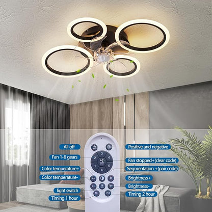 HuixuTe 26" Geometric Ceiling Fan with Lights Remote Control, 3 Colors, 6 Speeds, Bladeless, Low Profile for Kitchen, Bedroom