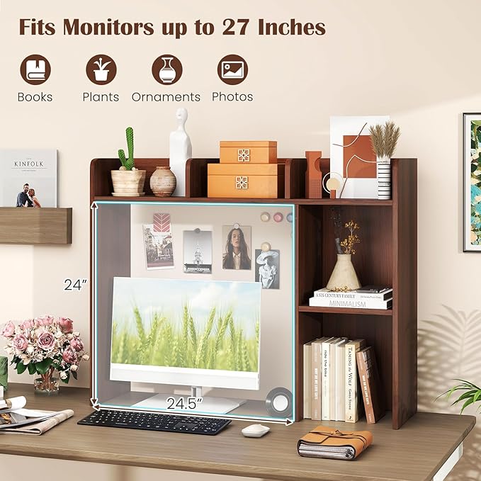 Desktop Bookshelf, 3-Tier Wood Countertop Bookcase with 5 Shelves, Desk Hutch for College Dorm, Multipurpose Desk Organizer Shelf Display Rack for Home Office, Hutch Top Only