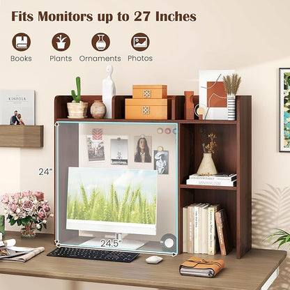 Desktop Bookshelf, 3-Tier Wood Countertop Bookcase with 5 Shelves, Desk Hutch for College Dorm, Multipurpose Desk Organizer Shelf Display Rack for Home Office, Hutch Top Only