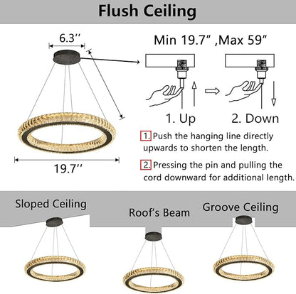 Crystal Ring Chandelier Black Modern LED Pendant Lights for Dining Room Remote Dimmable Hanging Light Kitchen Island Entrance Bedroom Lighting Chandeliers