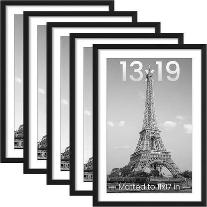 upsimples 13x19 Picture Frame Set of 5, Display Pictures 11x17 with Mat or 13 x 19 Without, Wall Gallery Poster Frames, Black