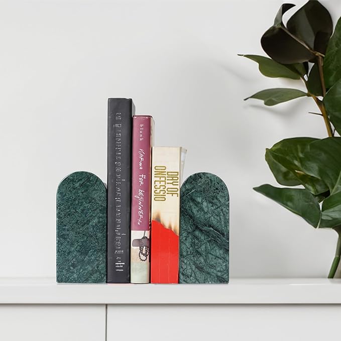 Koville Indian Natural Marble Bookends for Shelves, Decorative Book Ends, 7lbs Heavy-Duty Marble Book Holders, Bookshelf Apartment Decor for Normal Books/CD/Video Games(Indian Green)