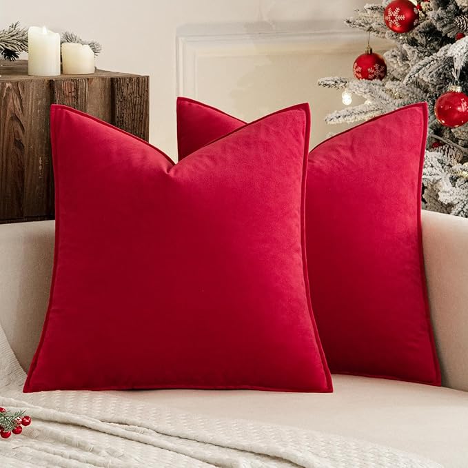 MIULEE Pack of 2 Christmas Decorative Velvet Throw Pillow Covers Soft Pillowcase Cozy Soft Square Cushion Covers Cases for Winter Sofa Couch Bedroom Home Decor 20x20 Inch Red