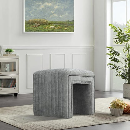 Get Set Style Vanity Stool Chair,Modern Velvet Ottoman Foot Stool with Wooden Legs Sofa Bench Footstool Extra Seat for Vanity,Makeup Room,Living Room,Entryway,Office (Fully Assembled) (Dark Grey)