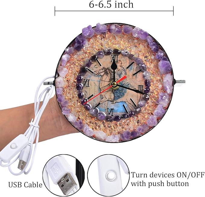 JIC Gem Amethyst Crystal Clock with Lamp Decorative Desk Clock Purple Amethyst Stone USB Port Night Light Home Office Decor