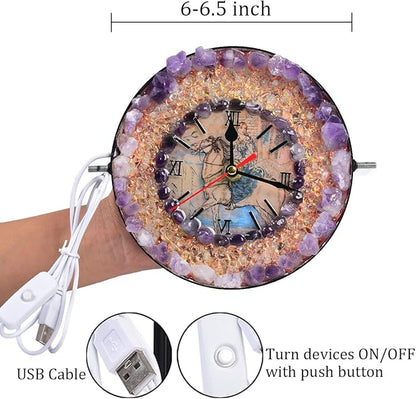 JIC Gem Amethyst Crystal Clock with Lamp Decorative Desk Clock Purple Amethyst Stone USB Port Night Light Home Office Decor