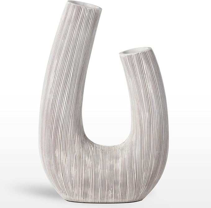 Torre & Tagus White U Shaped Vase for Flowers - 12 Inch Tall Textured Vases for Centerpieces with 2 Openings, Sculptures Home Decor & Abstract Sculptures Home Decor for Shelf Decor Aesthetic (Alma)