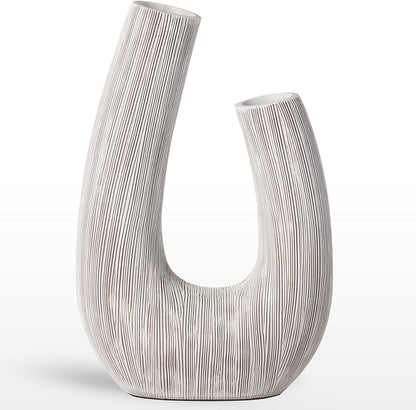 Torre & Tagus White U Shaped Vase for Flowers - 12 Inch Tall Textured Vases for Centerpieces with 2 Openings, Sculptures Home Decor & Abstract Sculptures Home Decor for Shelf Decor Aesthetic (Alma)
