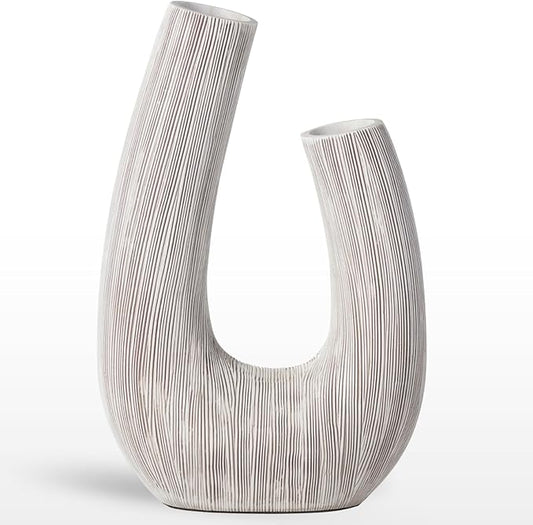 Torre & Tagus White U Shaped Vase for Flowers - 12 Inch Tall Textured Vases for Centerpieces with 2 Openings, Sculptures Home Decor & Abstract Sculptures Home Decor for Shelf Decor Aesthetic (Alma)