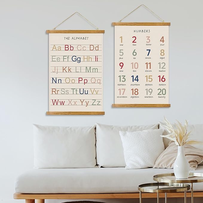 ABoby Vintage Illustrated Alphabet Numbers Chart Posters - Educational Nursery Wall Art for Classroom Homes - Retro Style Painting with Wood Frames - Ready to Hang