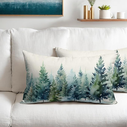 Watercolor Christmas Tree Lumbar Pillow Covers 12x20 Set of 2 Blue Green Xmas Print Vintage Decorative Outdoor Throw Pillow Cases Winter Holiday Decoration Farmhouse Sofa Couch Cushion Cover Bed Decor