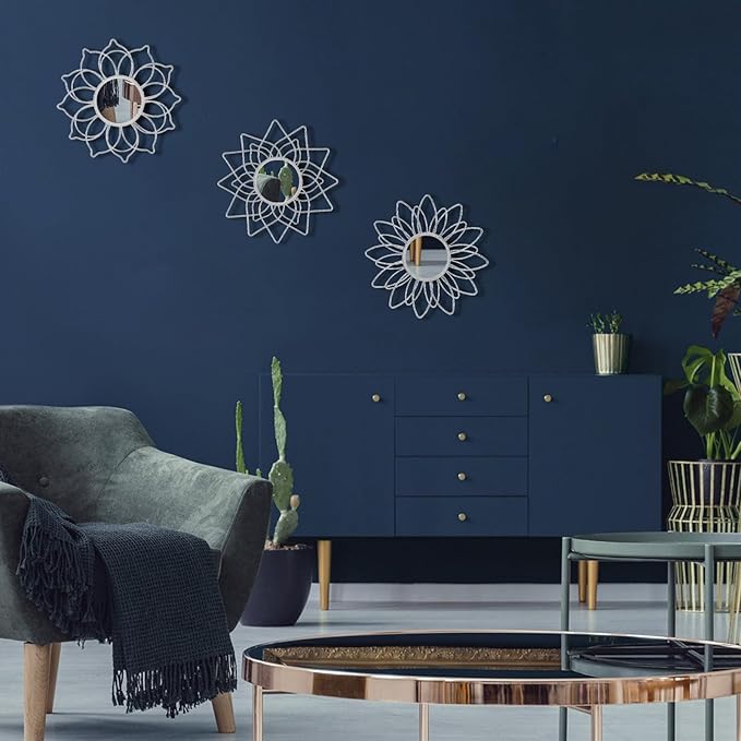 Silver Mirrors for Wall, 9 inch Metal Flower Mirrors Home Christmas Decoration, Christmas Wall Art Decorative Mirror Small Mirror for Living Room Bedroom, Entrance Set of 3