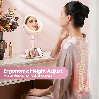 Makeup Mirror with Lights, 30X Magnifying & Height Adjustable, Lighted Magnifying Mirror with 3 Light Modes and Stepless Dimming, Vanity Mirrors for Bathroom, Birthday Gift for Women, Pink