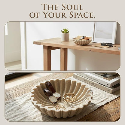 Modern Decorative Bowl for Home Decor - 10.6" Large Beige Resin & Sandstone Centerpiece Bowl for Entryway Table, Coffee Table, Kitchen Counter or Serving Fruit, Keys, Candy