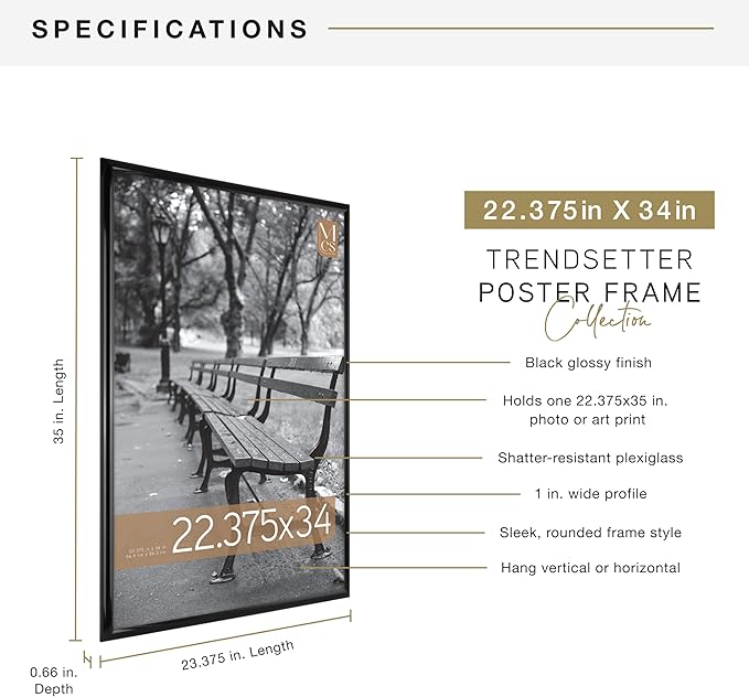 MCS Trendsetter 22.75x34 Poster Frame Black High-Gloss, Vertical & Horizontal Wall Hanging Large Picture Frame for Photos, Posters & Art Prints (1-Pack)