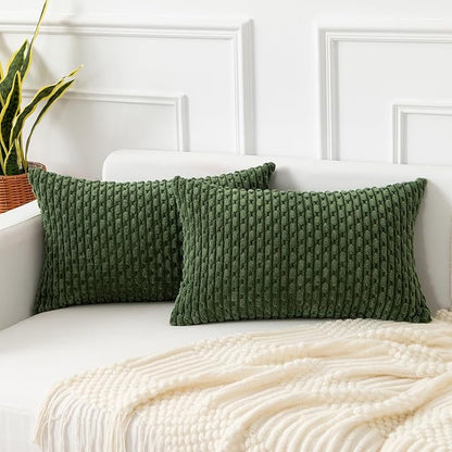 Kevin Textile 14x24 Inch Pillow Cover 1 Pack Boho Decorative Soft Striped Corduroy Lumbar Farmhouse Solid Color Accent Rectangle Cushion Case for Living Room Couch Sofa Bed, Moss Green